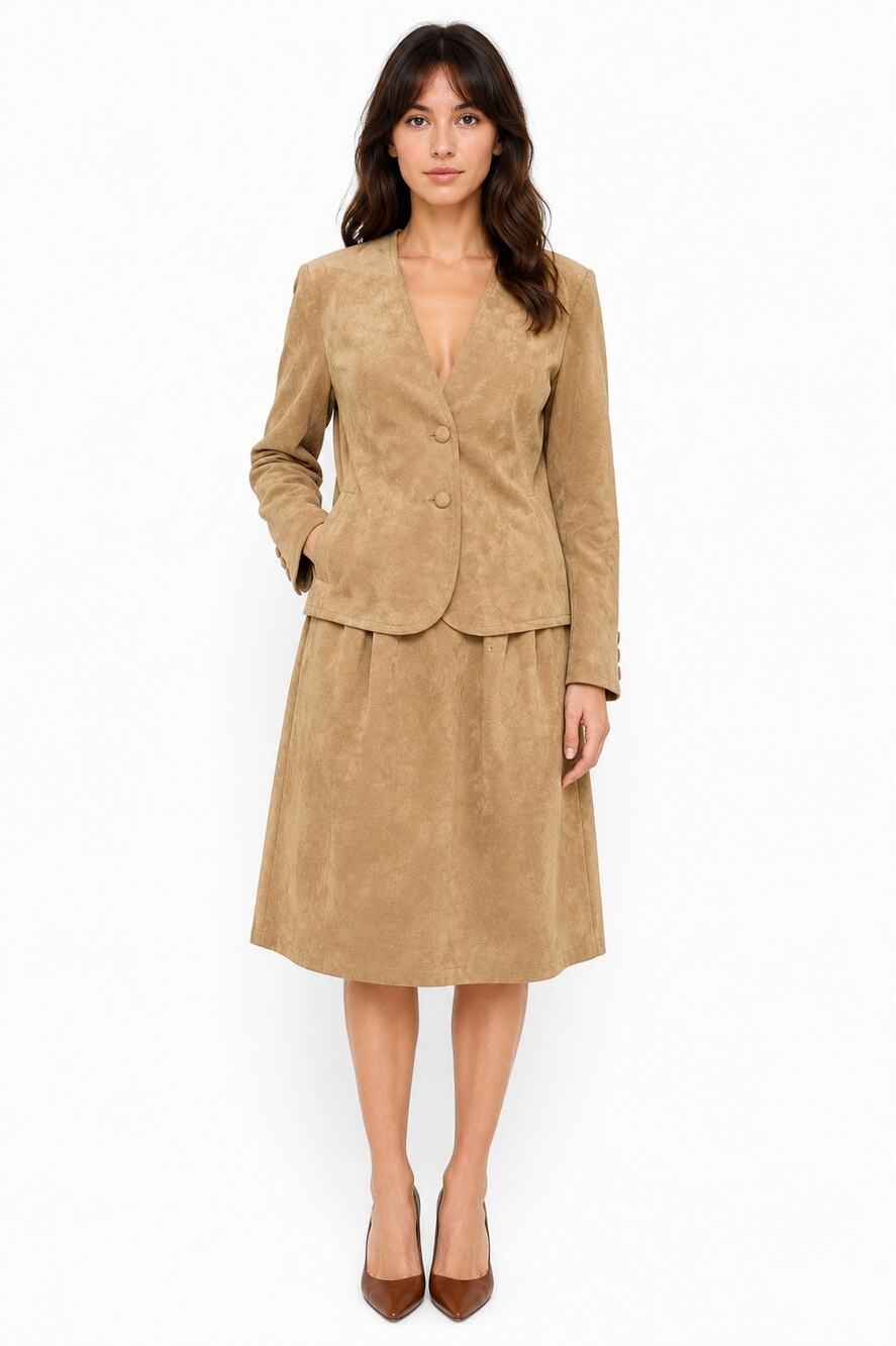 1980s Handmade Tan Ultrasuede Skirt Suit Set Small